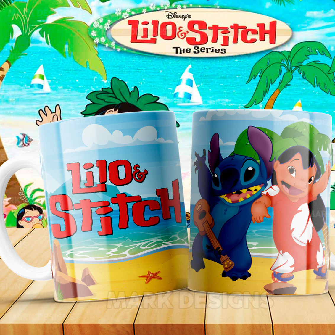 Taza Lilo & Stitch en la playa – Ukelele y amistad tropical