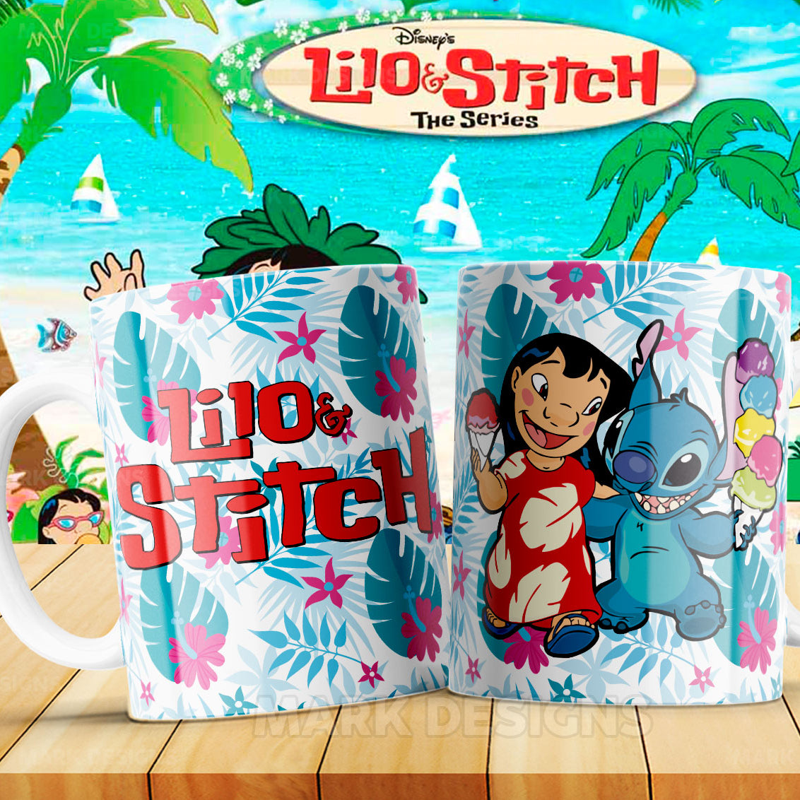 Taza Lilo & Stitch – Lilo y Stitch con helado sobre fondo floral