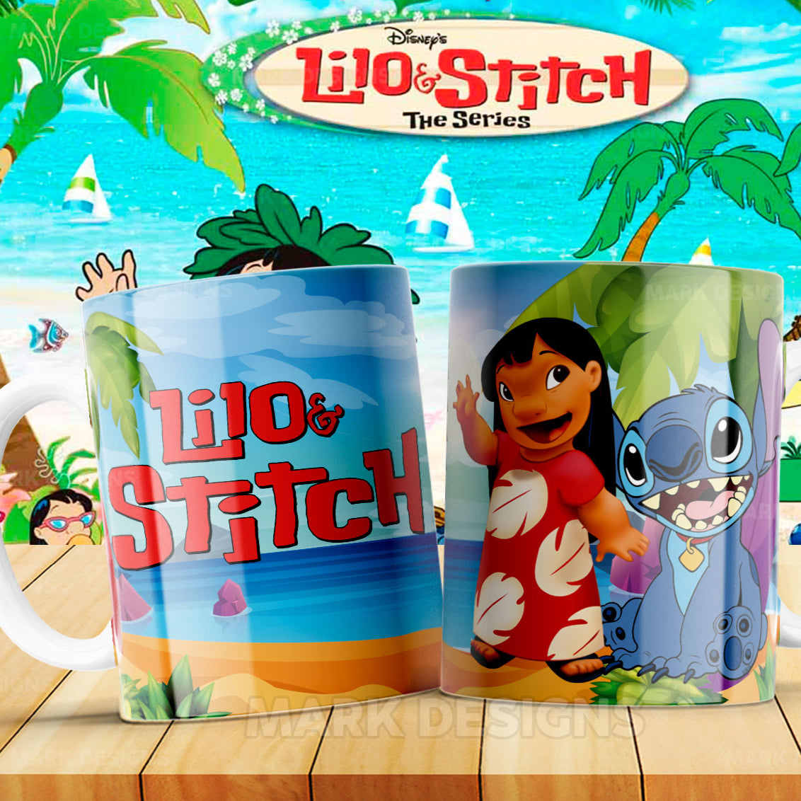 Taza Lilo & Stitch – Diseño playero con palmeras y mar