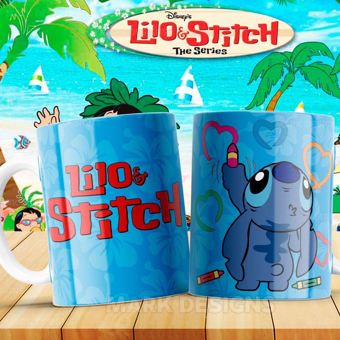 Taza Lilo & Stitch – Stitch corazones sobre fondo azul