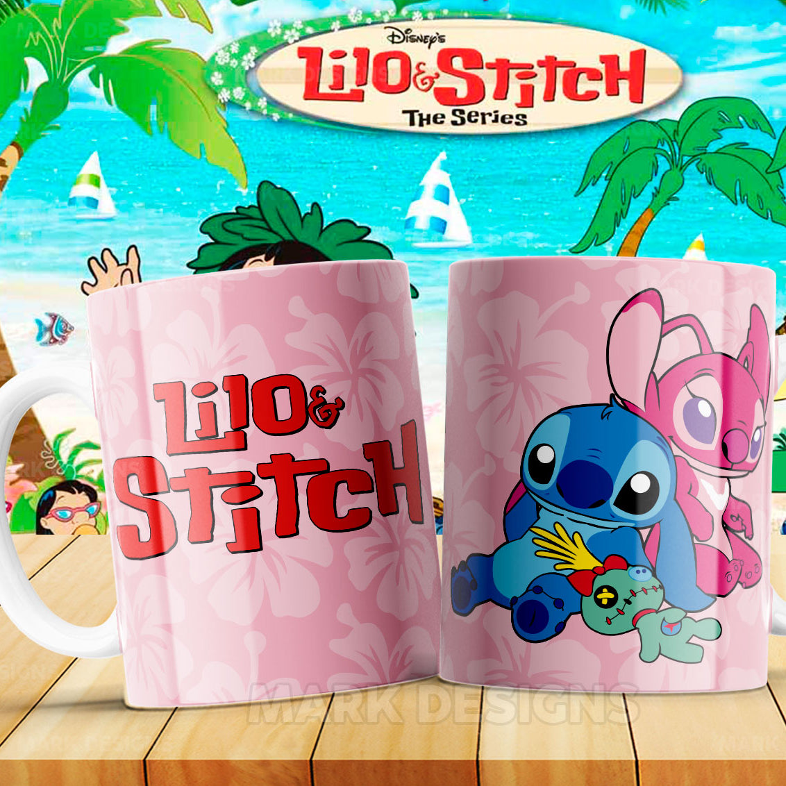 Taza Stitch, Angel y Scrump – Fondo rosa floral