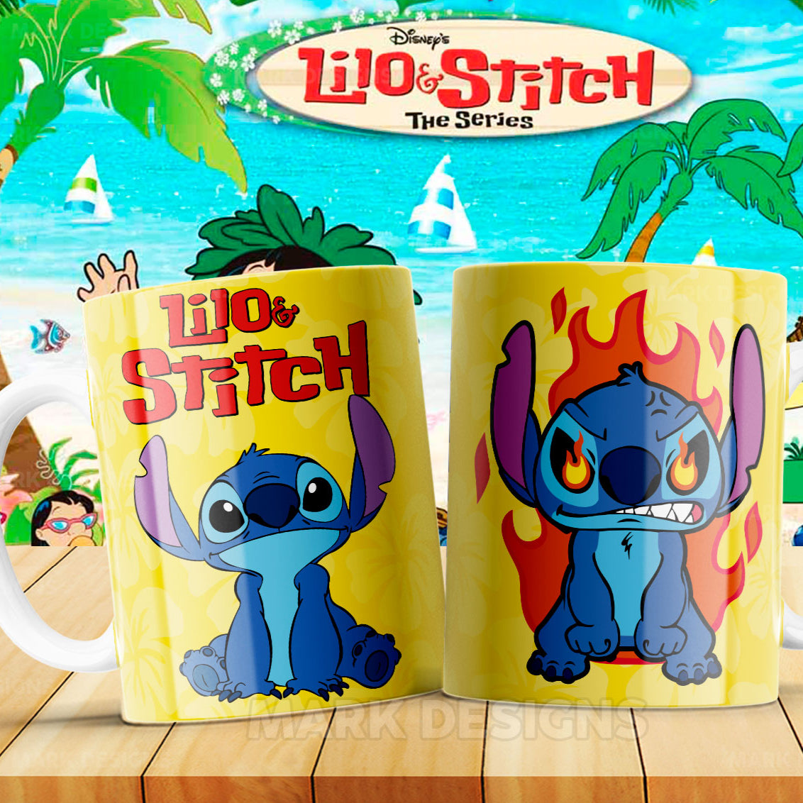 Taza Stitch enfadado – Fondo amarillo con flores hawaianas