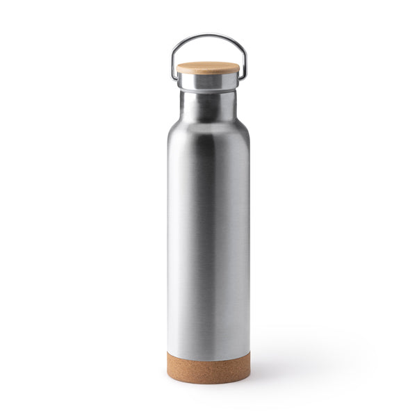 Botella térmica 650 ml con tapa de bambú y base de corcho · Plata