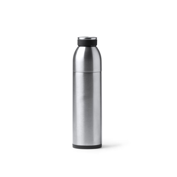 Botella 2 en 1 con vaso térmico de acero inoxidable · Plata
