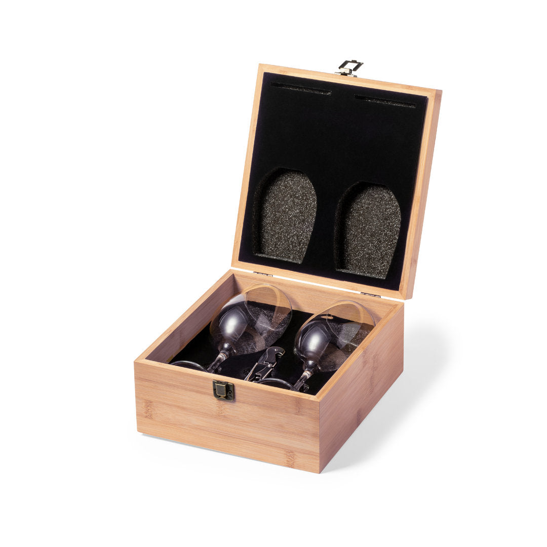 Set de vino con 2 copas en estuche de bambú