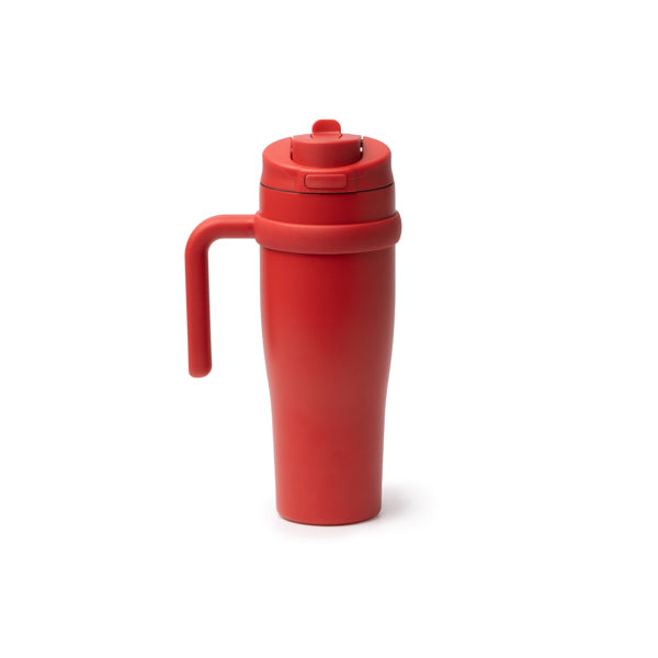 Taza térmica de acero reciclado 900 ml con pajita y asa · Rojo
