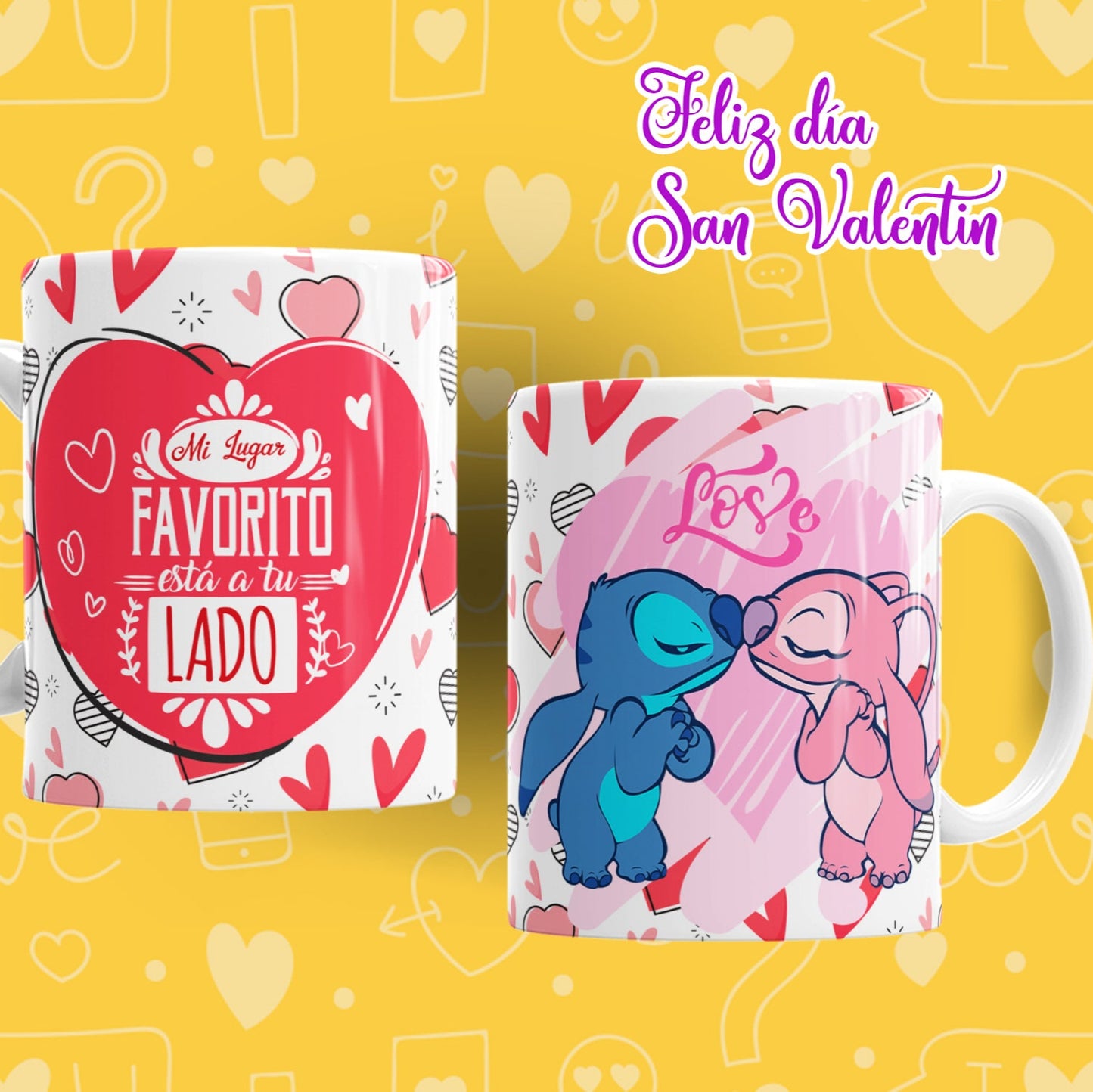Taza San Valentín Stitch y Angel – "Mi lugar favorito está a tu lado"