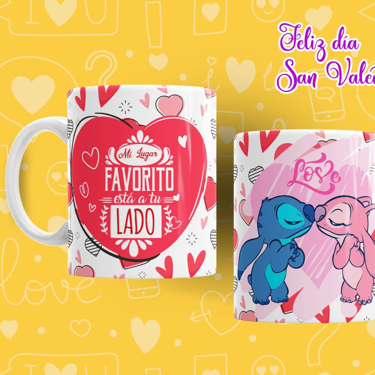 Taza San Valentín Stitch y Angel – "Mi lugar favorito está a tu lado"