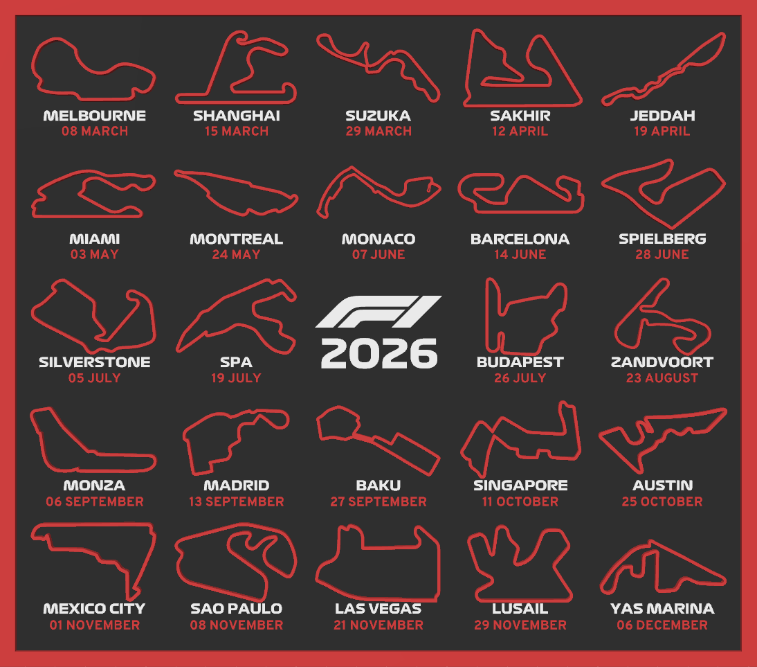 Calendario Fórmula 1 2026 Impreso en 3D – Circuitos del Mundial F1 (22x25 cm)