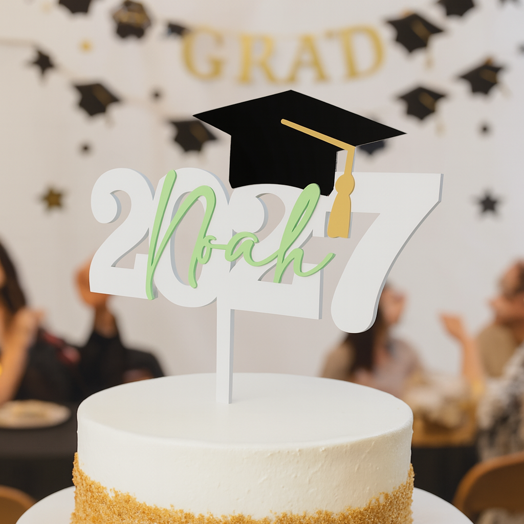Topper de graduación personalizado con nombre, año y birrete – Decoración impresa en 3D