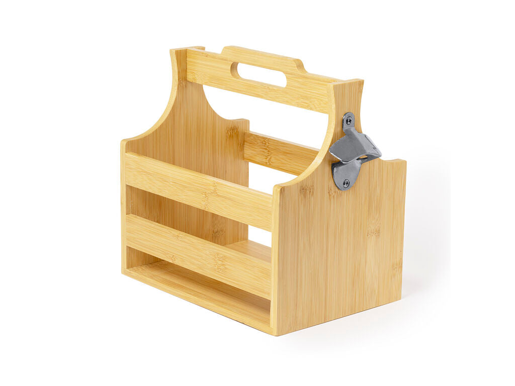 Caja portabotellas de bambú con abridor