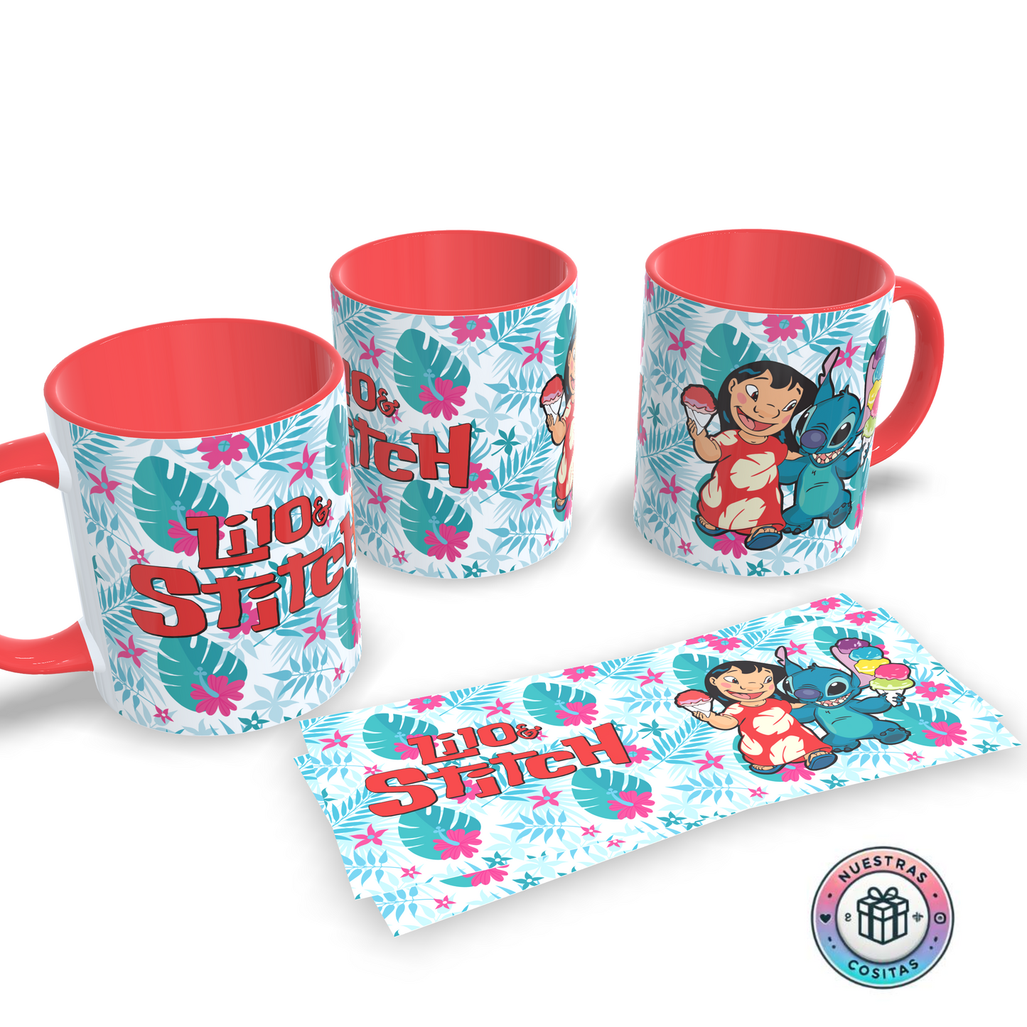 Taza Lilo & Stitch – Lilo y Stitch con helado sobre fondo floral