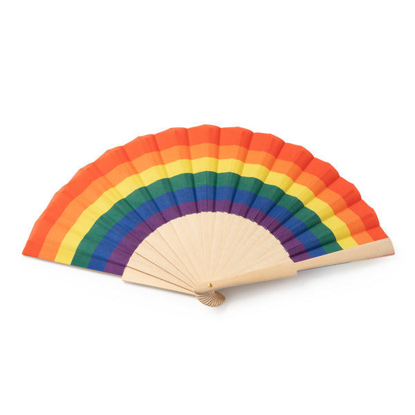 Abanico de madera con tela multicolor
