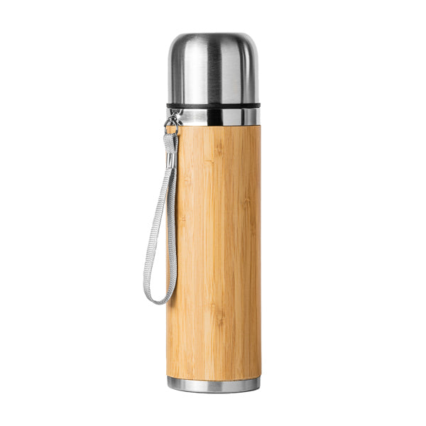 Termo de acero y bambú 420 ml con tapa taza
