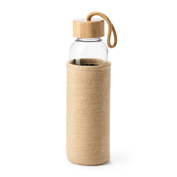 Botella de cristal con funda efecto yute y tapón de bambú