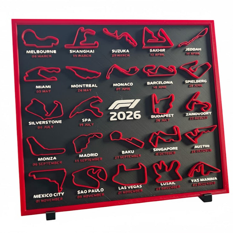 Calendario Fórmula 1 2026 Impreso en 3D – Circuitos del Mundial F1 (22x25 cm)