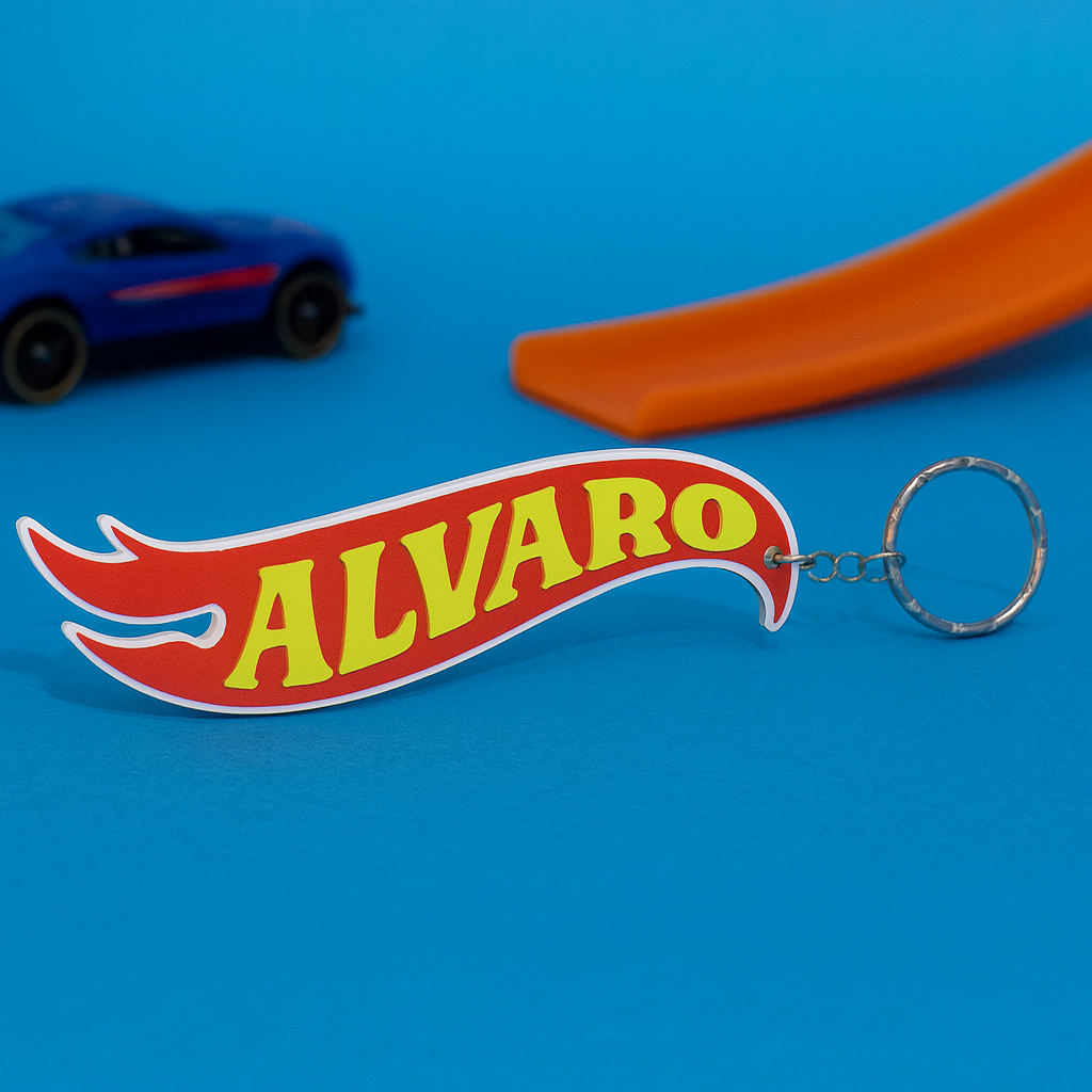 Llavero personalizado Hot Wheels con nombre. Impreso en 3D en PLA