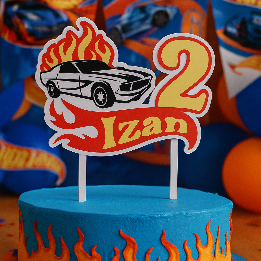 Topper de cumpleaños Hot Wheels – Coche de carreras con llamas, personalizado con nombre y edad