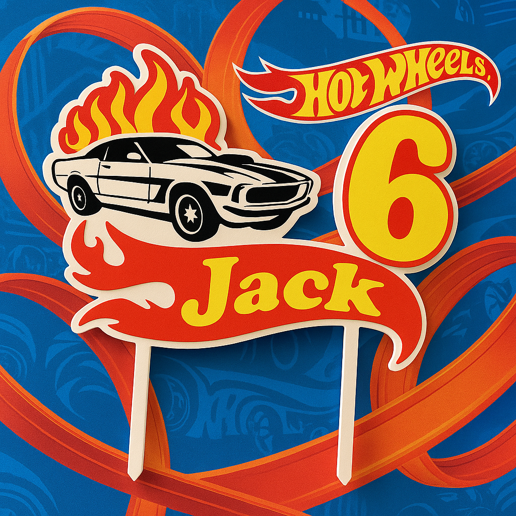 Topper de cumpleaños Hot Wheels – Coche de carreras con llamas, personalizado con nombre y edad