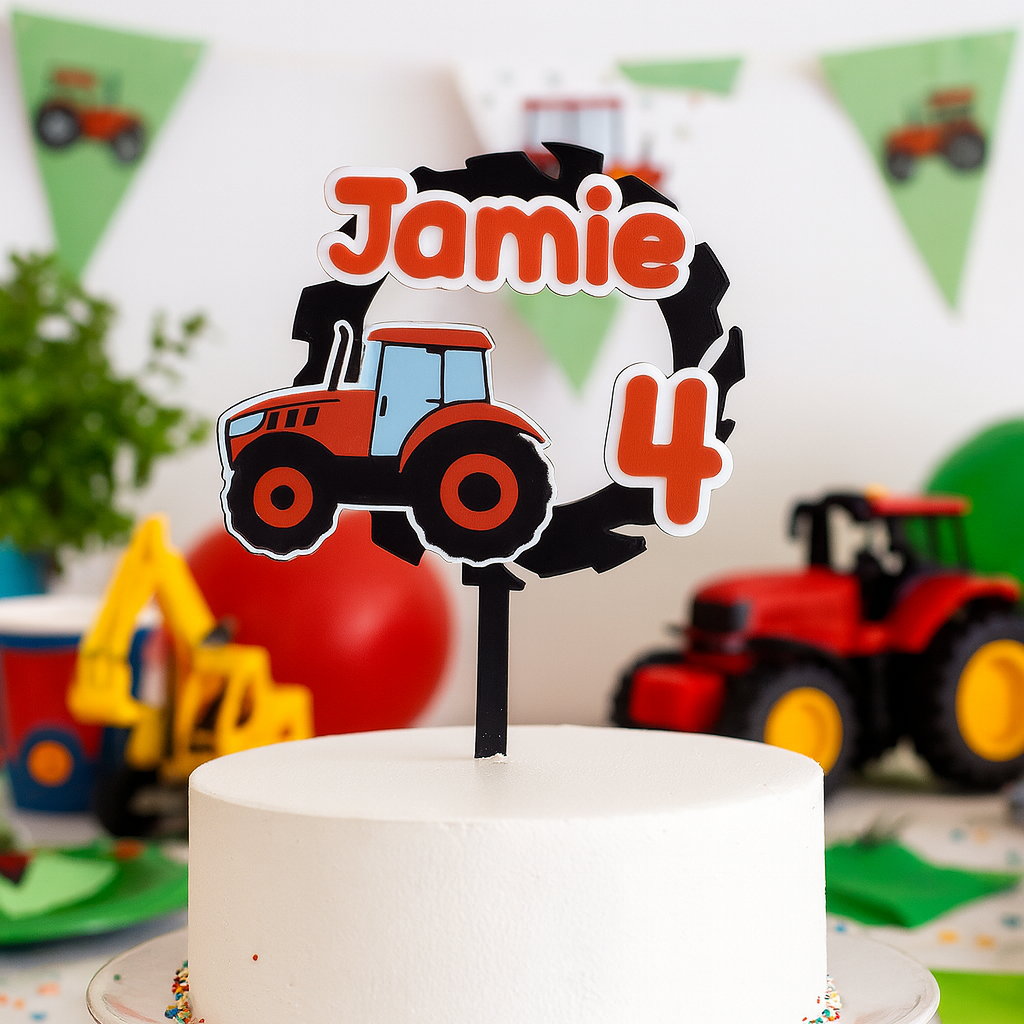 Topper de cumpleaños tractor verde personalizado – Nombre y edad – Impreso en 3D