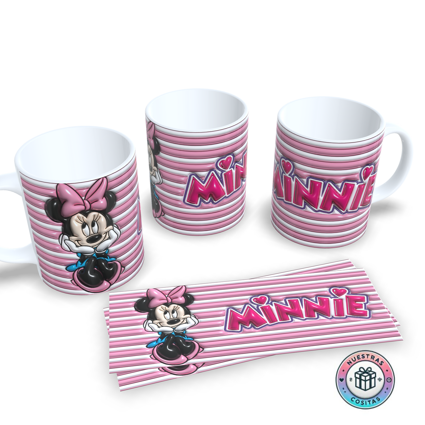 Taza 3D Minnie Mouse Rayas Rosas Vintage