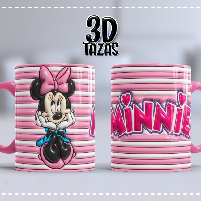 Taza 3D Minnie Mouse Rayas Rosas Vintage