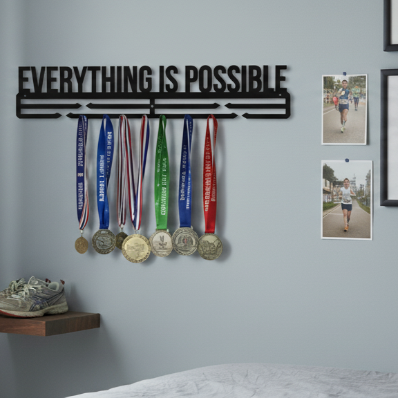 Medallero de madera negro "Everything is possible" – Soporte para medallas de running