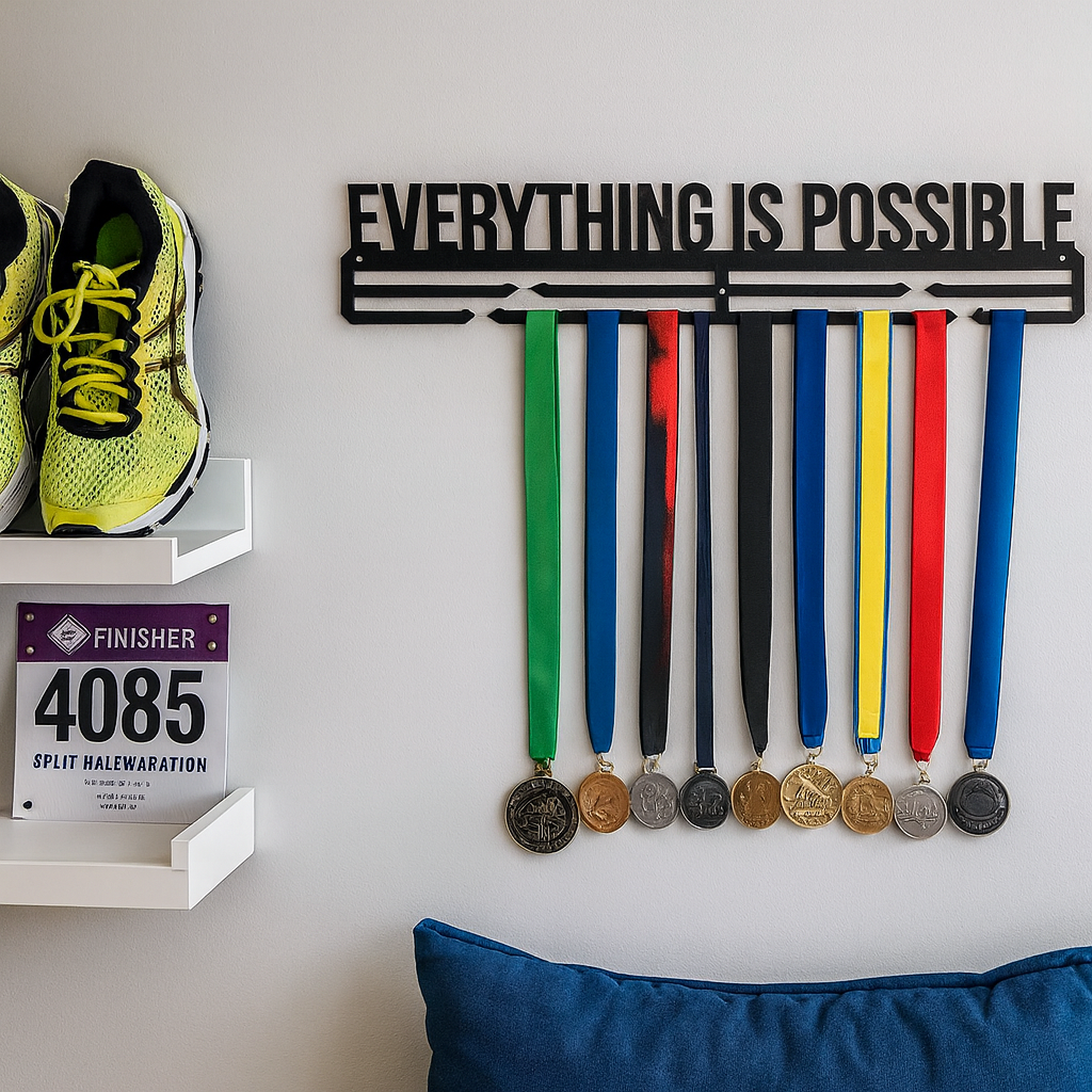 Medallero de madera negro "Everything is possible" – Soporte para medallas de running