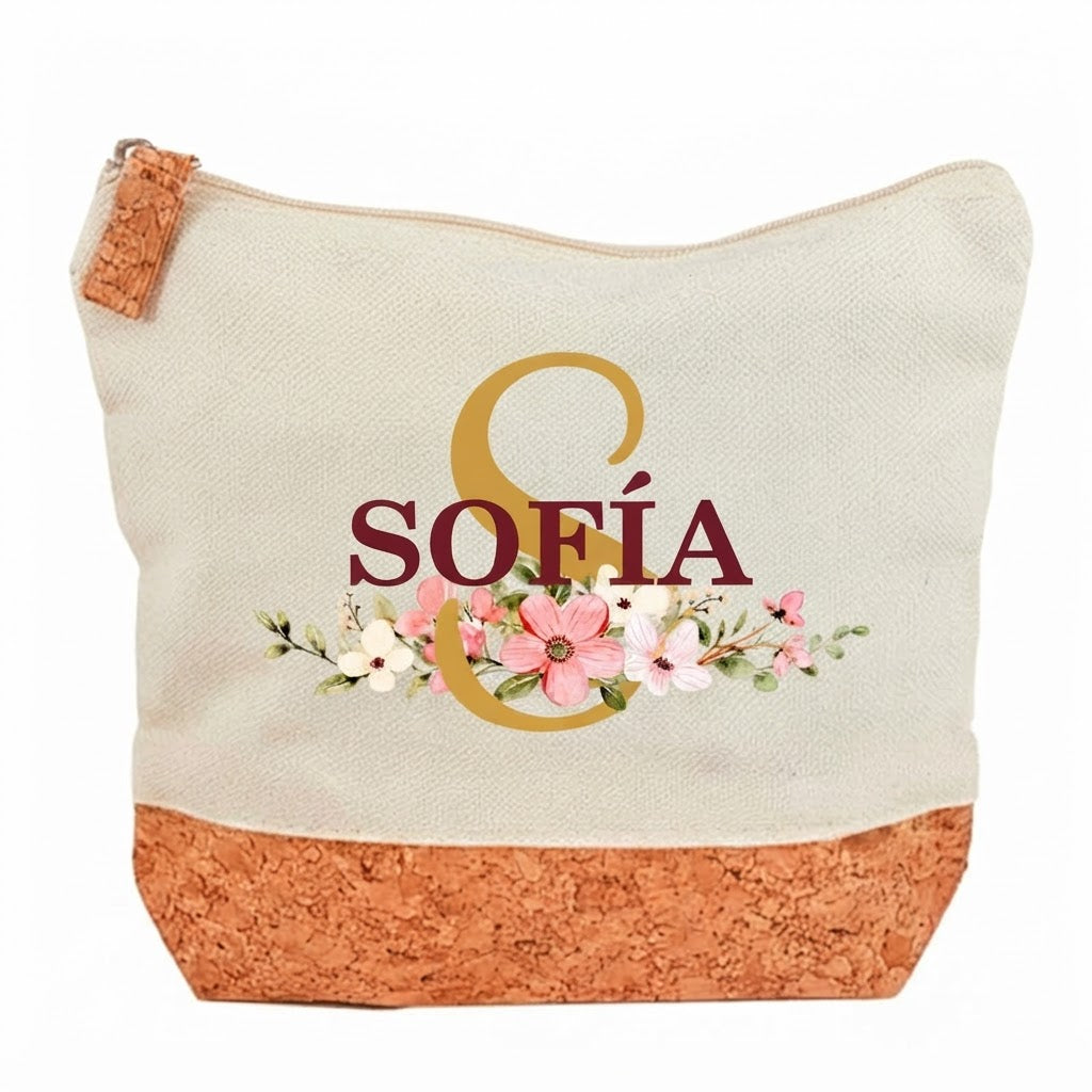 Neceser Personalizado Floral con Inicial y Nombre - Algodón y Corcho