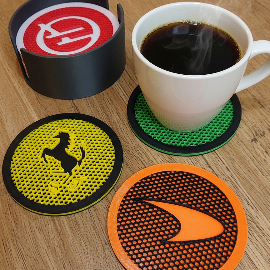 Posavasos F1 impresos en 3D con logos de escuderías – Red Bull, Mercedes, Ferrari, Haas, Williams y más