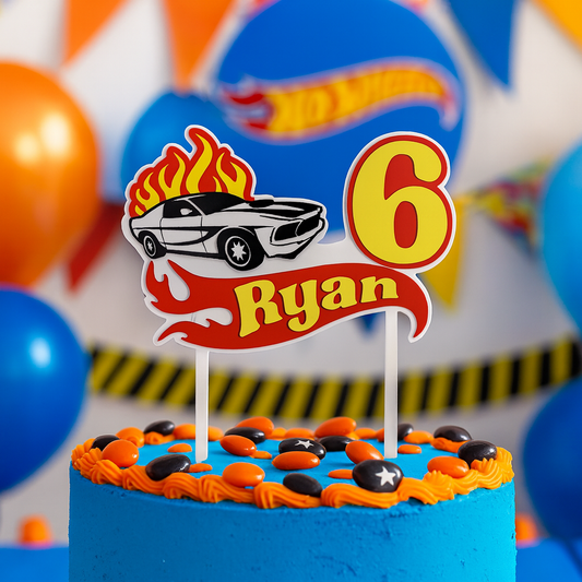 Topper de cumpleaños Hot Wheels – Coche de carreras con llamas, personalizado con nombre y edad
