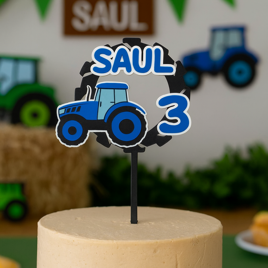 Topper de cumpleaños tractor verde personalizado – Nombre y edad – Impreso en 3D
