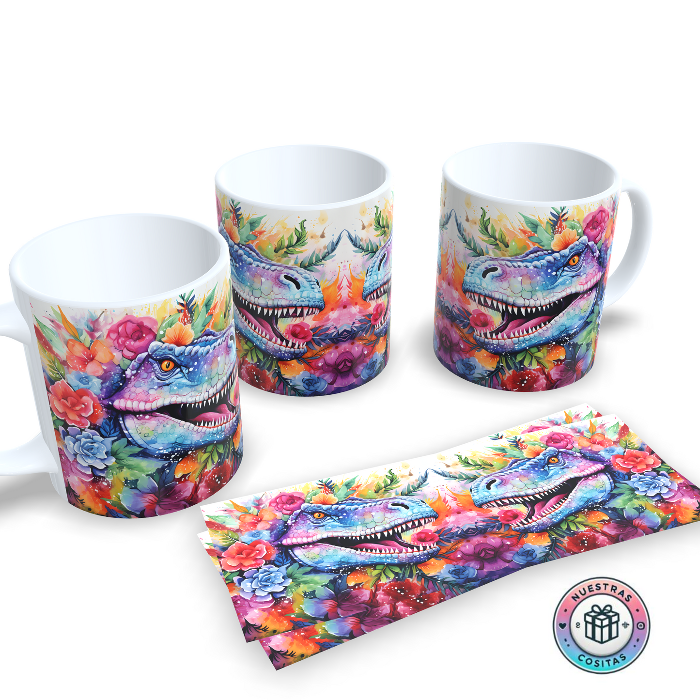 Taza Dinosaurio Floral Multicolor – Diseño Salvajemente Hermoso