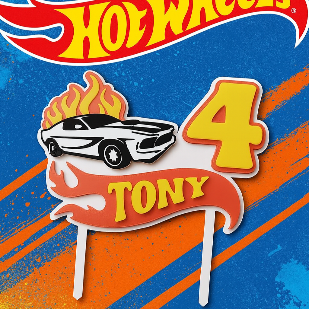 Topper de cumpleaños Hot Wheels – Coche de carreras con llamas, personalizado con nombre y edad