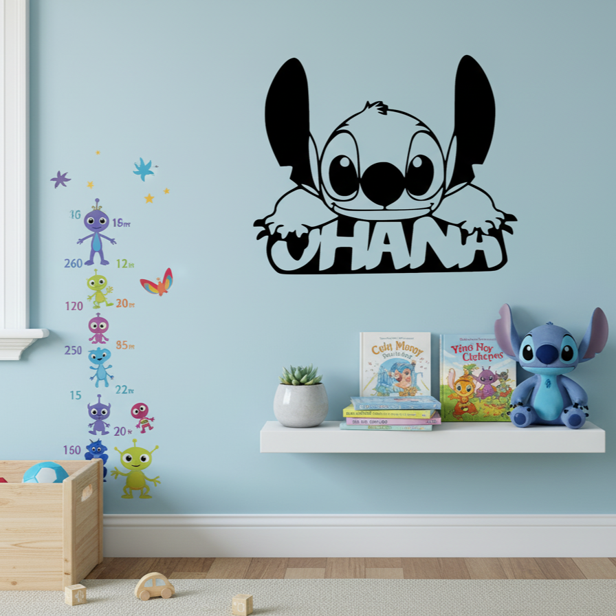 Decoración de pared de madera Stitch Ohana. Disponible en 20, 30 y 40 cm