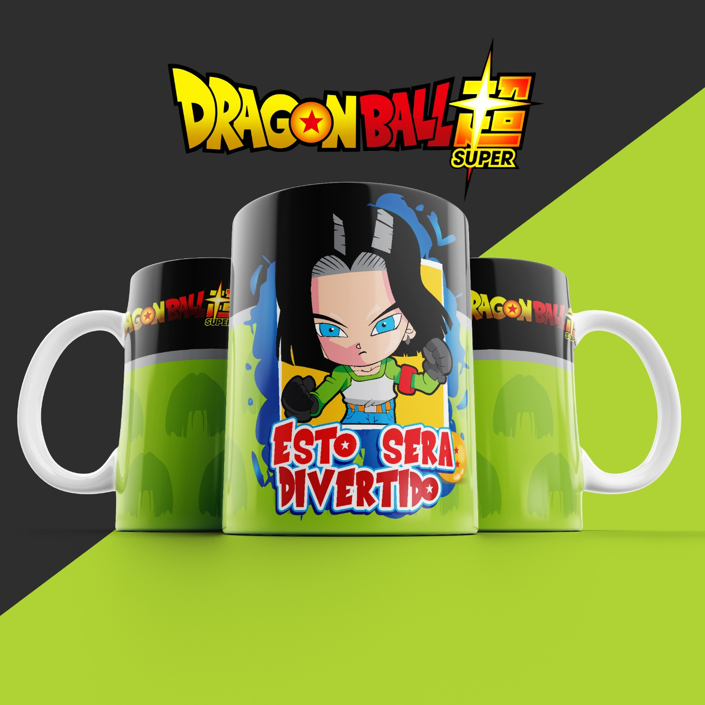 Taza Dragon Ball Super – Androide 17 estilo infantil "Esto será divertido"