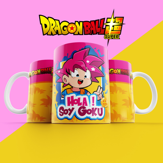 Taza Dragon Ball Super – Goku estilo infantil "¡Hola, soy Goku!"