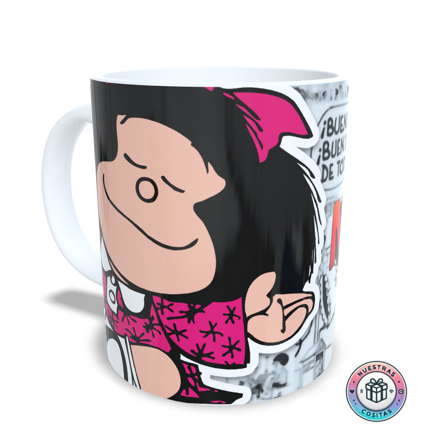 Taza personalizada Mafalda – "¡Buen día, mundo!" con viñetas clásicas