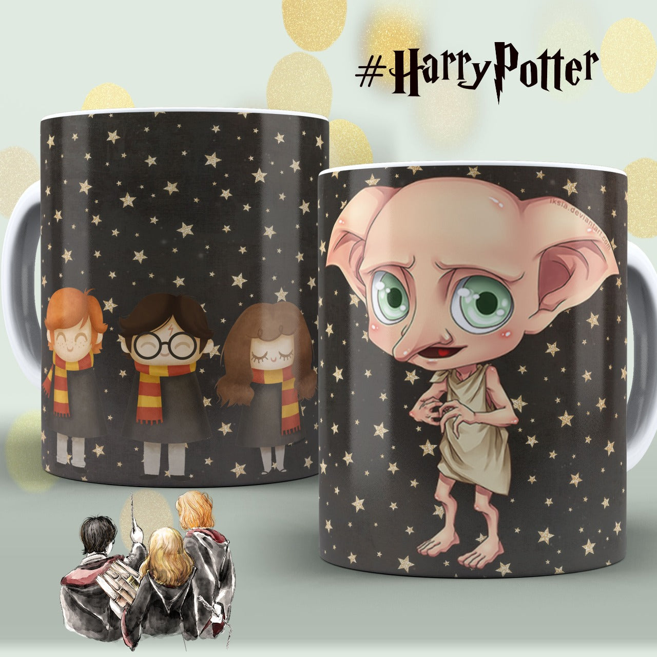 Taza Dobby Chibi – Diseño mágico con Harry, Ron y Hermione