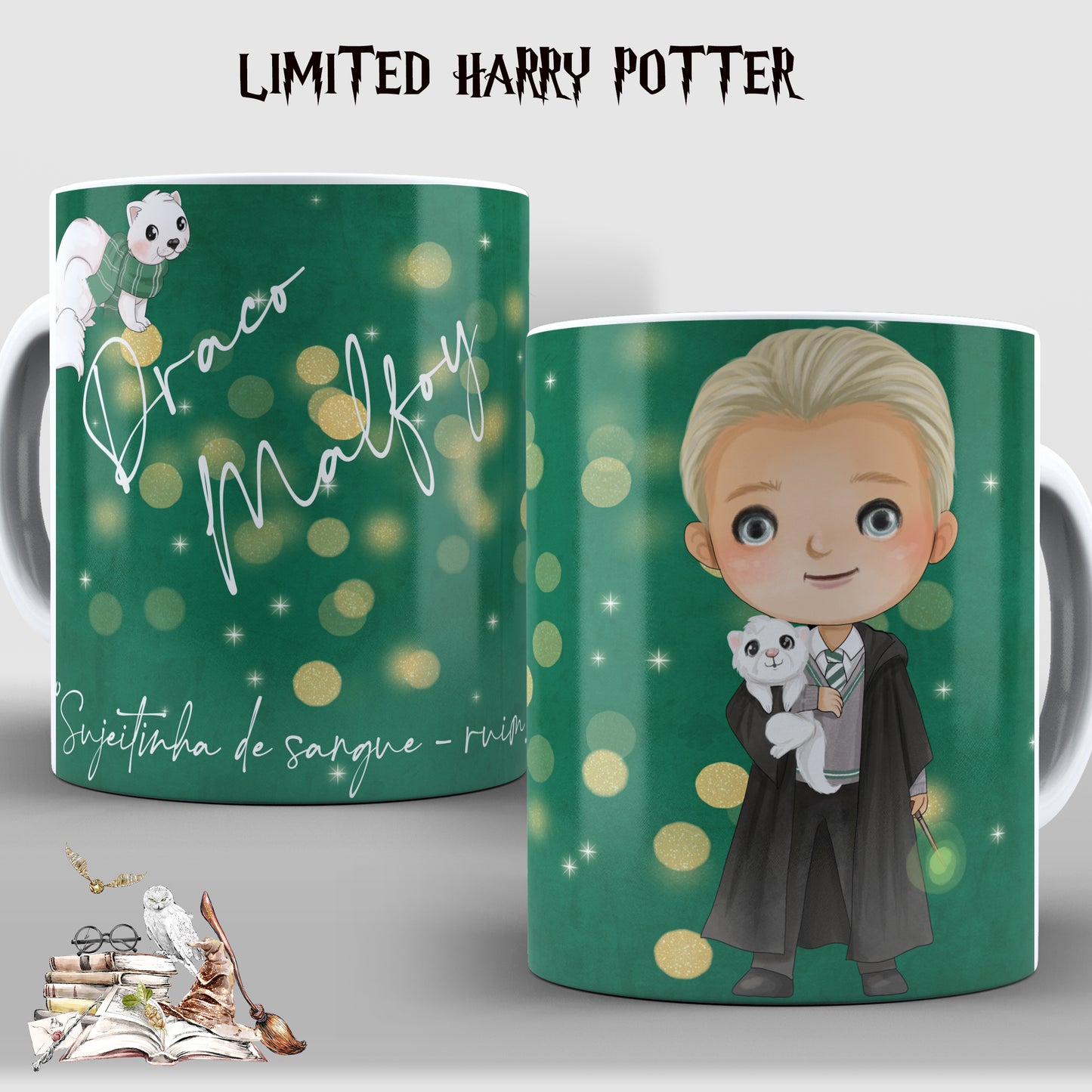 Taza Draco Malfoy Chibi – Edición Limitada con su Hurón y túnica de Slytherin