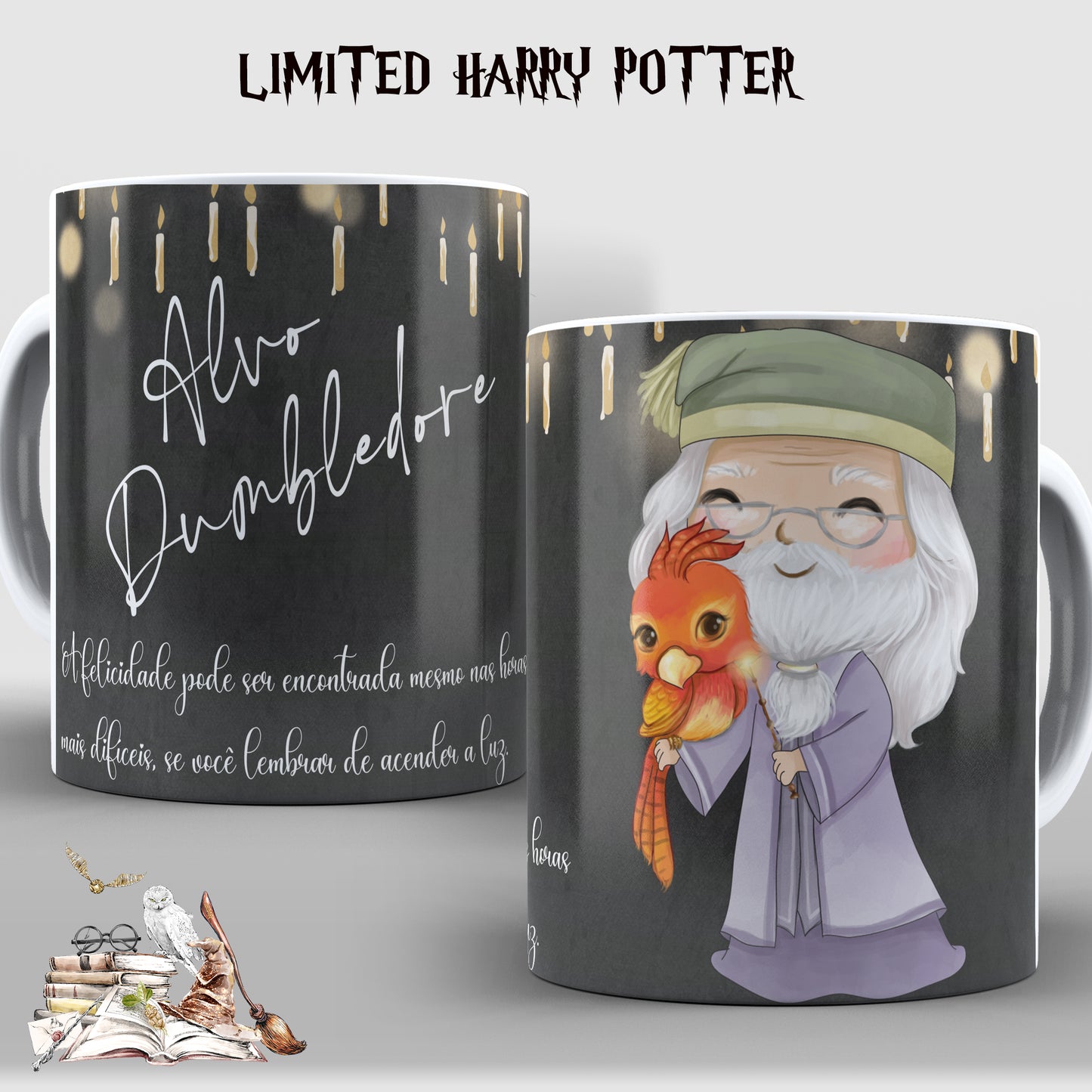 Taza Dumbledore Chibi – Edición Limitada con Fawkes y cita inspiradora