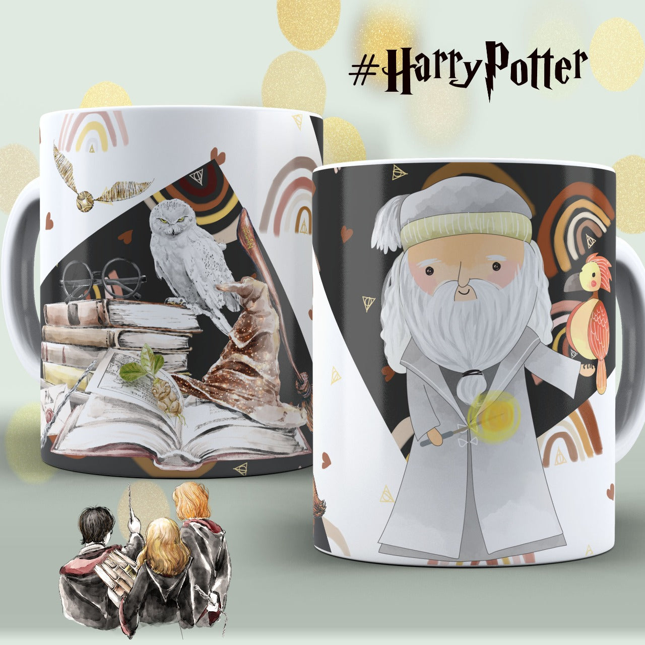 Taza Dumbledore Chibi – Diseño mágico con Fawkes y elementos de Hogwarts