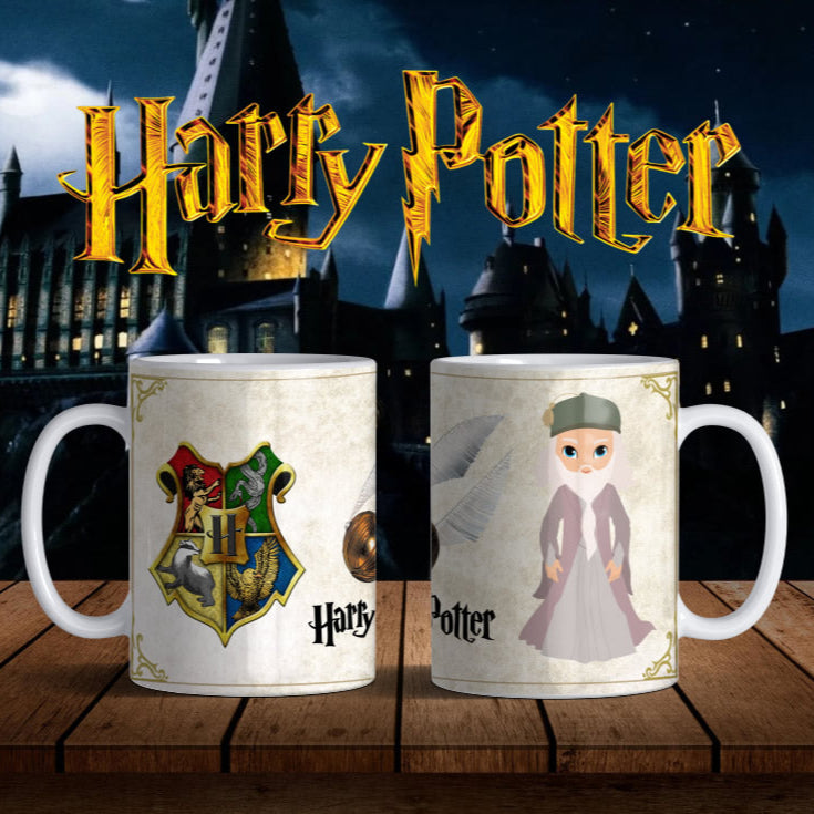 Taza Dumbledore Chibi – Diseño Hogwarts con escudo y director de la escuela