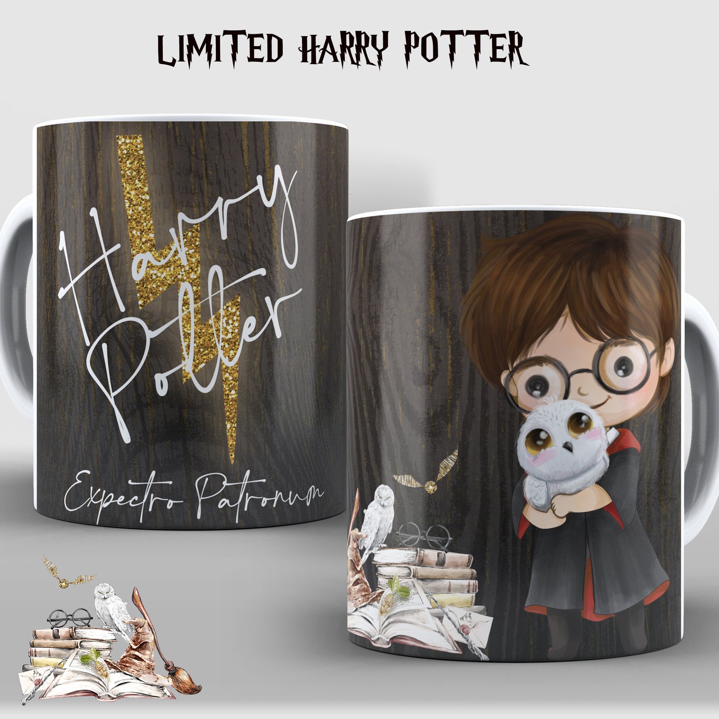 Taza Harry Potter Chibi – Edición Limitada con Hedwig y rayo dorado