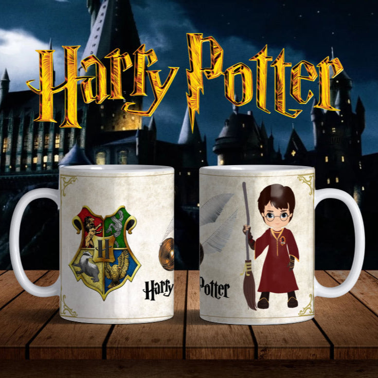 Taza Harry Potter Chibi – Diseño Hogwarts con escudo y escoba