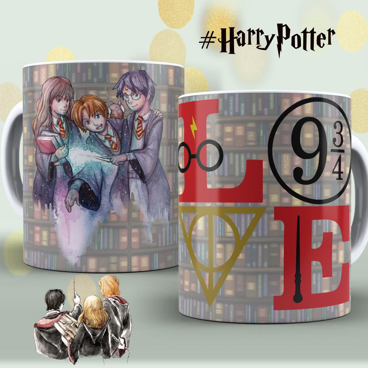 Taza Harry, Ron y Hermione – Diseño mágico con libros y plataforma 9¾