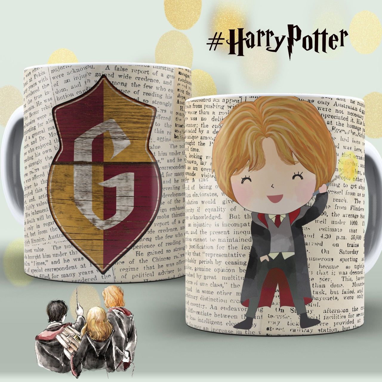 Taza Ron Weasley Chibi – Diseño Gryffindor y fondo de libro mágico