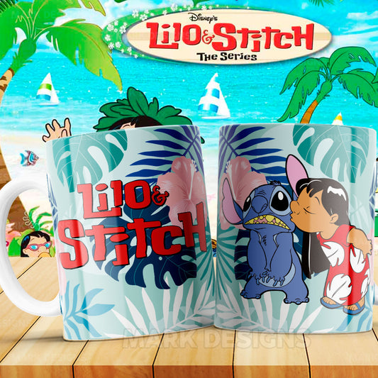 Taza Lilo & Stitch – Lilo besando a Stitch sobre fondo tropical