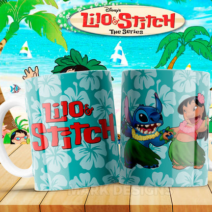 Taza Lilo & Stitch – Baile hula sobre fondo hawaiano