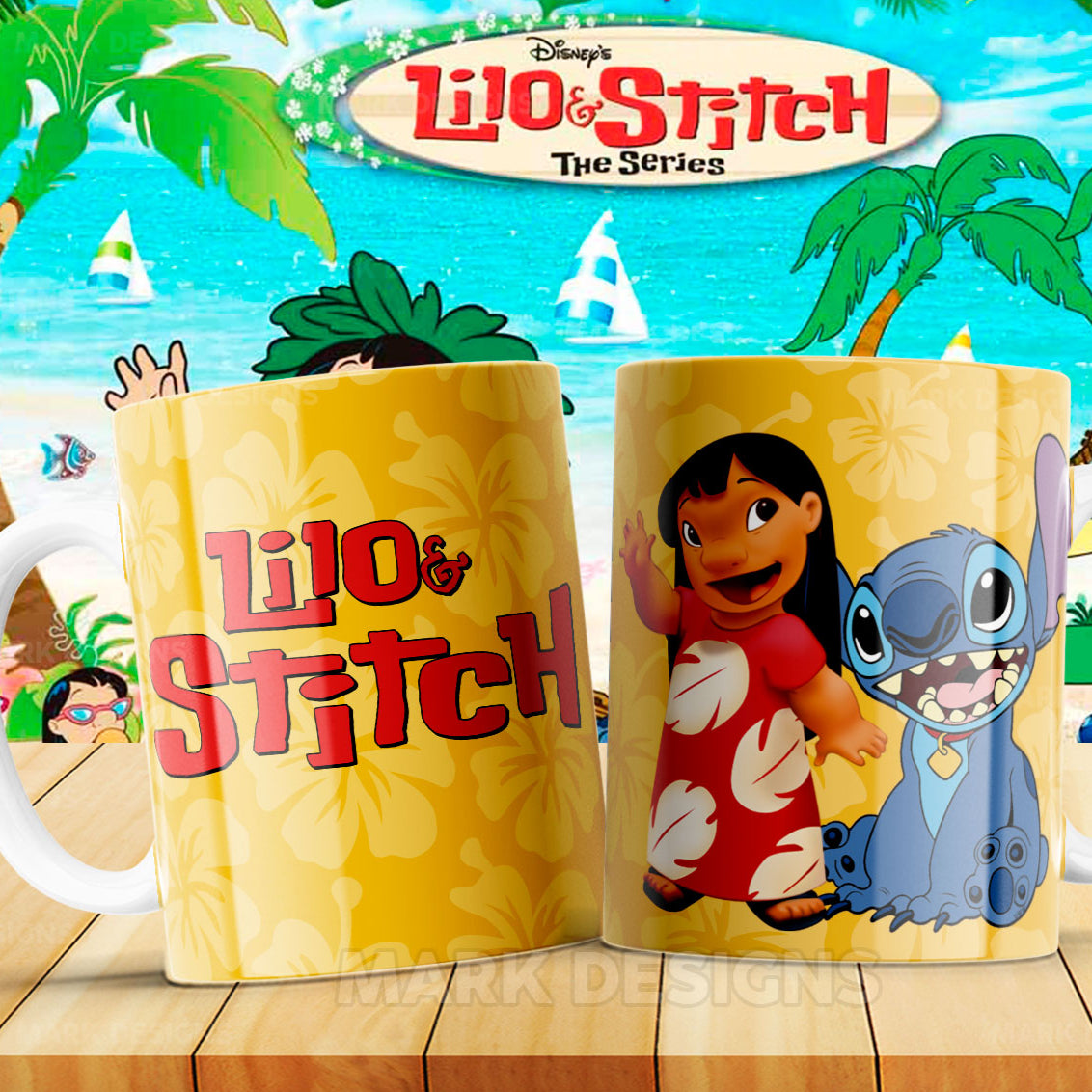 Taza Lilo & Stitch – Fondo amarillo con flores hawaianas (Copia)